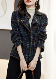 Loose Plaid Zip Up Pockets Patchwork Cotton Coats Long Sleeve