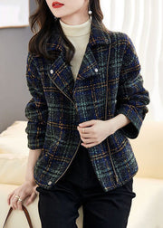 Loose Plaid Zip Up Pockets Patchwork Cotton Coats Long Sleeve