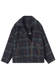 Loose Plaid Zip Up Pockets Patchwork Cotton Coats Long Sleeve