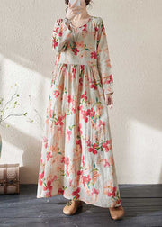 Loose Print Patchwor Wrinkled Maxi Dress Long Sleeve