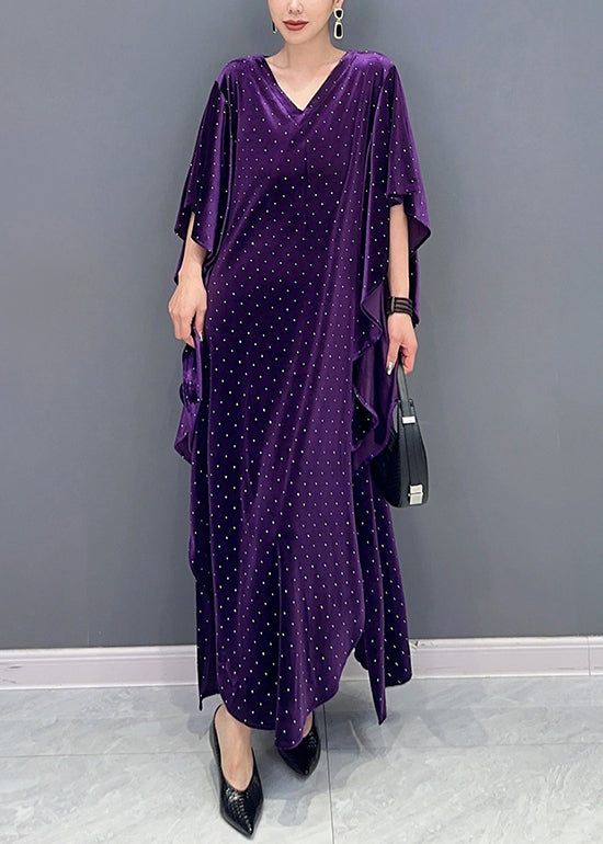 Loose Purple Asymmetrical Dot Patchwork Velour Long Dresses Fall