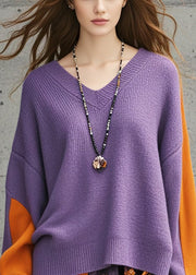 Loose Purple Asymmetrical Patchwork Knit Sweater Fall