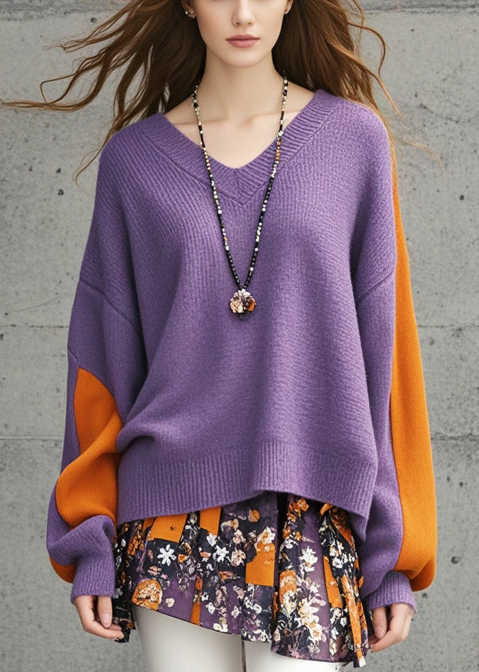 Loose Purple Asymmetrical Patchwork Knit Sweater Fall