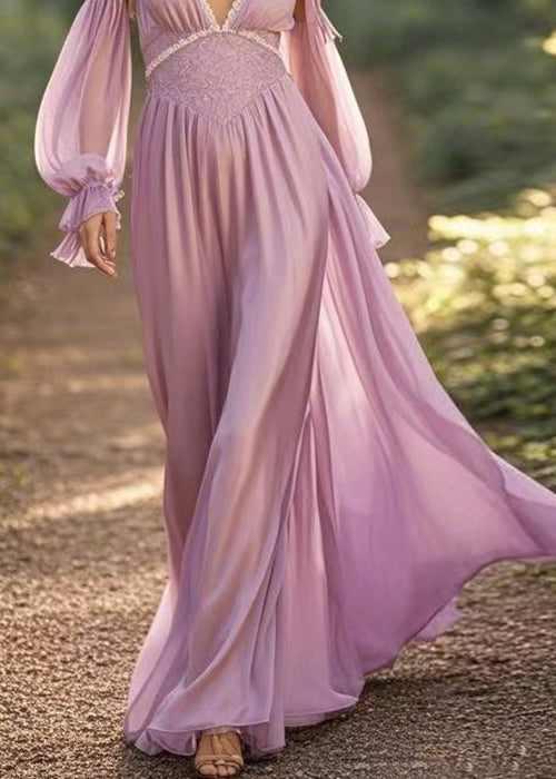 Loose Purple Cold Shoulder Solid Chiffon Long Dress Butterfly Sleeve