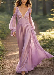 Loose Purple Cold Shoulder Solid Chiffon Long Dress Butterfly Sleeve