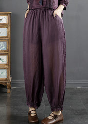 Loose Purple Elastic Waist Ramie Harem Pants Summer