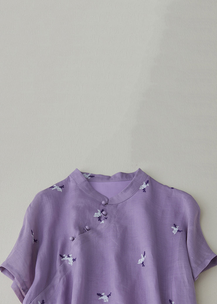 Loose Purple Embroidered Button Pockets Cotton Dress Summer