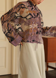 Loose Purple Embroidered Button Tulle Shirt Long Sleeve