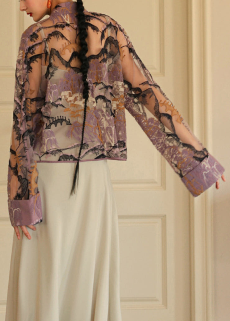 Loose Purple Embroidered Button Tulle Shirt Long Sleeve
