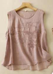 Loose Purple Embroidered Solid Cotton Tank Sleeveless