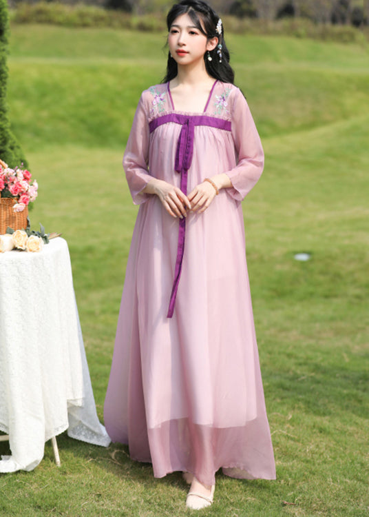 Loose Purple Embroideried Wrinkled Patchwork Chiffon Long Dresses Summer