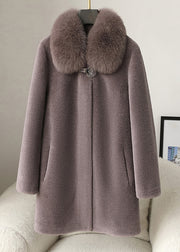 Loose Purple Fur Collar Button Woolen Coats Winter