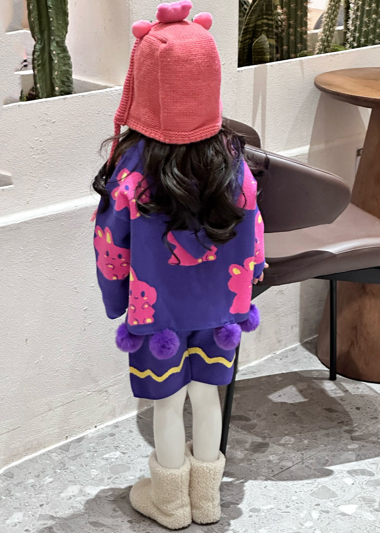 Loose Purple Fuzzy Ball Decorated Cotton Knit Kids Hooded Sweaters And Shorts Two Pieces Set Spring