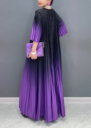 Loose Purple Gradient O Neck Wrinkled Cotton Long Dress Summer