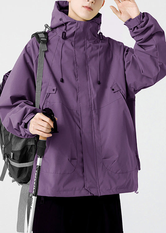 Loose Purple Hooded Pockets Drawstring Cotton Men Coat Spring