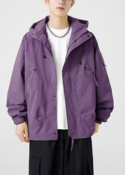 Loose Purple Hooded Pockets Drawstring Cotton Men Coat Spring