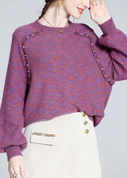 Loose Purple Nail Bead Sequins Wool Knit Sweater Winter