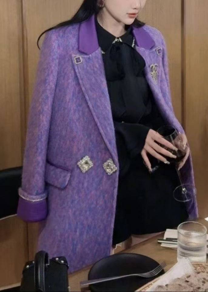 Loose Purple Notched Button Woolen Coats Spring