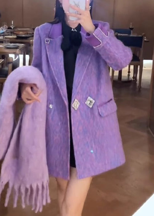 Loose Purple Notched Button Woolen Coats Spring