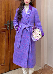 Loose Purple Notched Tie Waist Woolen Coats Winter