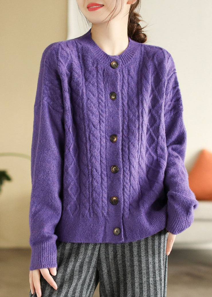 Loose Purple O Neck Button Cable Knit Cardigan Spring