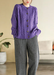 Loose Purple O Neck Button Cable Knit Cardigan Spring