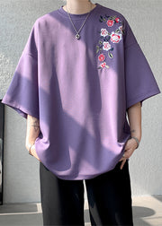 Loose Purple O Neck Embroideried Cotton Mens T Shirts Summer