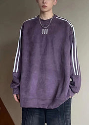 Loose Purple O Neck Patchwork Cotton Men Pullover Sweatshirt Fall