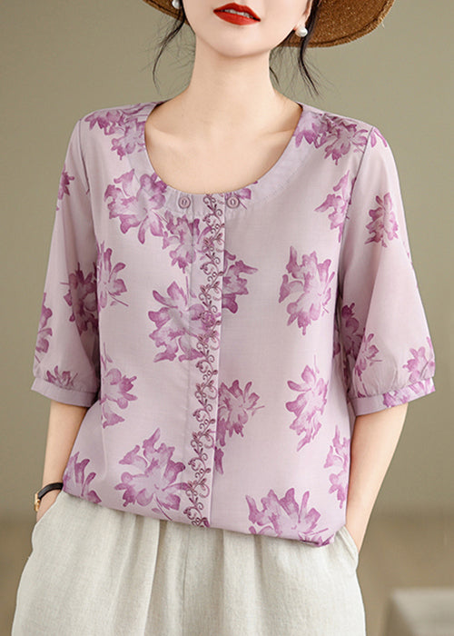 Loose Purple O-Neck Print Cotton Shirts Half Sleeve