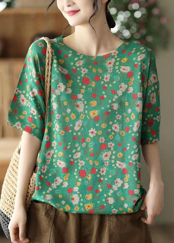 Loose Purple O Neck Print Cozy Cotton Knit Top Summer