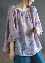 Loose Purple O Neck Print Linen Blouse Tops Summer