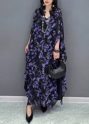 Loose Purple O-Neck Print Maxi Dress Summer