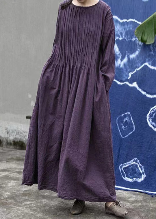 Loose Purple O Neck Wrinkled Linen Long Dress Long Sleeve