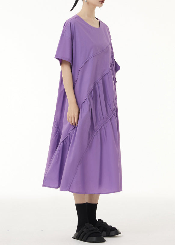 Loose Purple O-Neck Wrinkled Patchwork Cotton Long Dress Short Sleeve