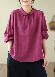 Loose Purple Peter Pan Collar Button Patchwork Linen Tops Fall