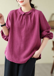 Loose Purple Peter Pan Collar Button Patchwork Linen Tops Fall