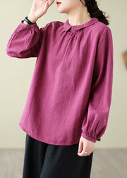 Loose Purple Peter Pan Collar Button Patchwork Linen Tops Fall