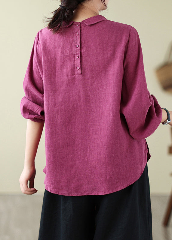 Loose Purple Peter Pan Collar Button Patchwork Linen Tops Fall