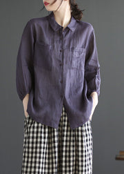 Loose Purple Peter Pan Collar Patchwork Button Solid Ramie Shirt Long Sleeve