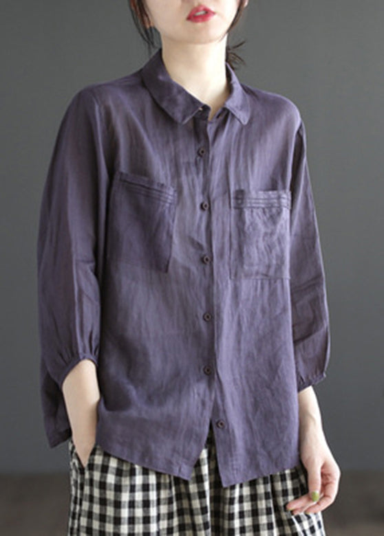 Loose Purple Peter Pan Collar Patchwork Button Solid Ramie Shirt Long Sleeve
