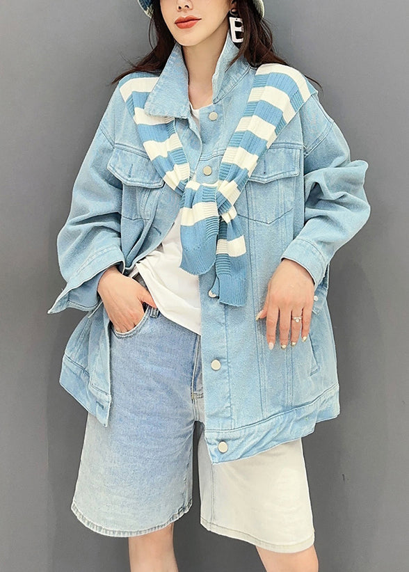 Loose Purple Peter Pan Collar Pockets Patchwork Denim Coat Fall