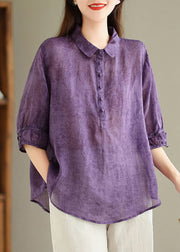 Loose Purple Peter Pan Collar Print Linen Blouses Half Sleeve