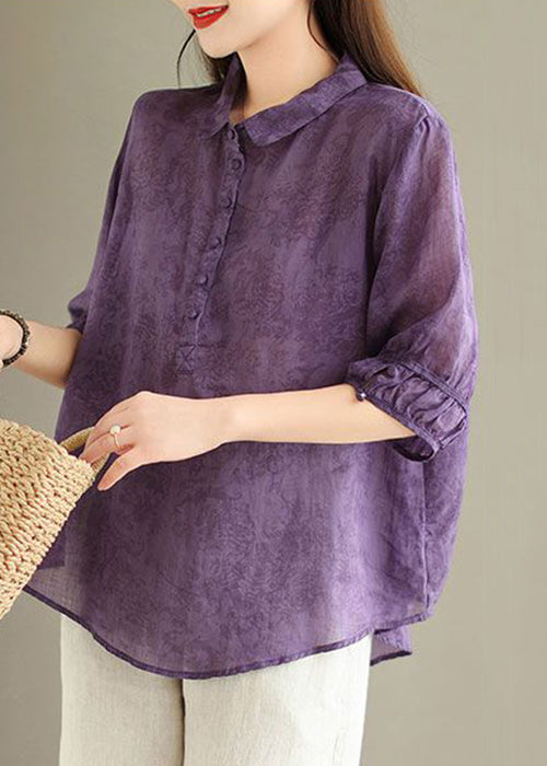 Loose Purple Peter Pan Collar Print Linen Blouses Half Sleeve