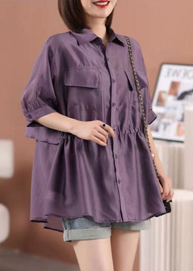 Loose Purple Peter Pan Collar Tie Waist Silk Cotton Shirt Half Sleeve
