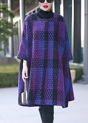 Loose Purple Plaid Button Patchwork Woolen Coat Winter