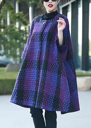 Loose Purple Plaid Button Patchwork Woolen Coat Winter