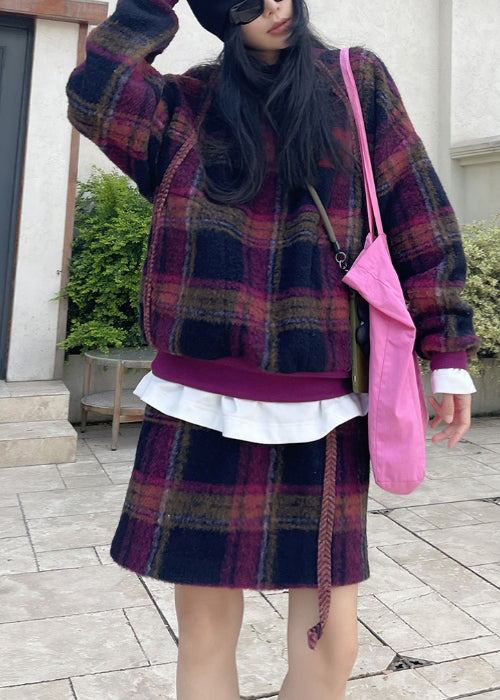 Loose Purple Plaid Pockets Tops And Skirts Wool Two Pieces Set Spring