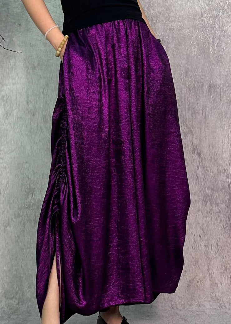 Loose Purple Pockets Elastic Waist Drawstring Silk Wide Leg Pants Fall