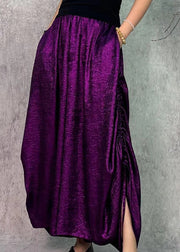 Loose Purple Pockets Elastic Waist Drawstring Silk Wide Leg Pants Fall