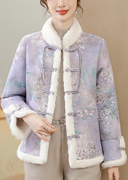 Loose Purple Print Button Patchwork Warm Fleece Parka Winter